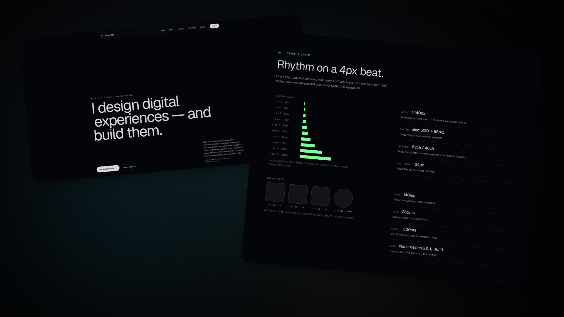 The site about itself: the hero — I design digital experiences, and build them — above the Work That Ships section, with the portfolio’s own case studies visible inside the frame.