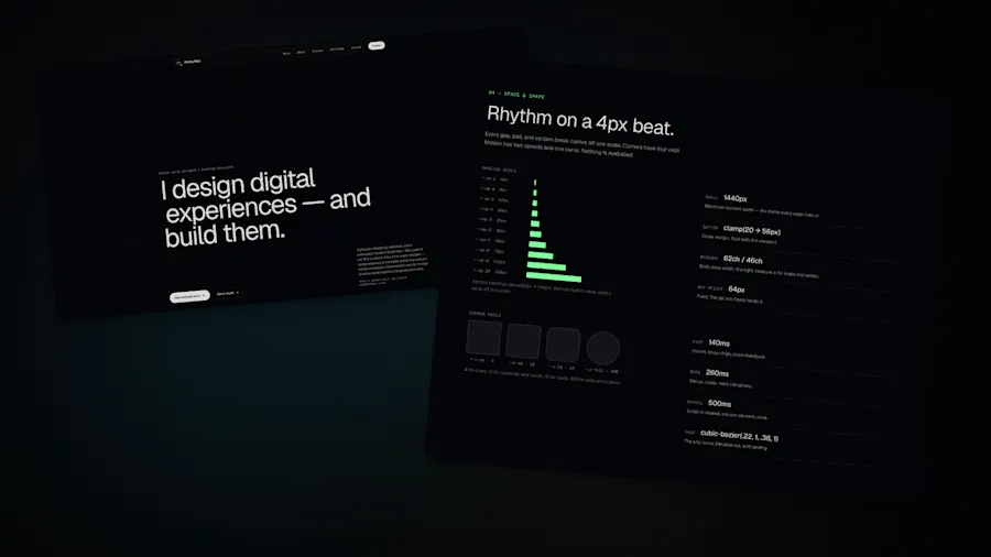 The site about itself: the hero — I design digital experiences, and build them — above the Work That Ships section, with the portfolio’s own case studies visible inside the frame.
