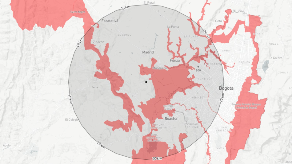 Protected-area proximity screening for the Mosquera supplier location using a 20 km buffer