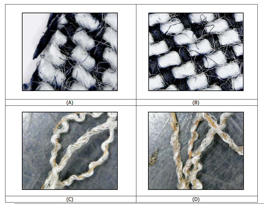 Fabric microscopy before (A, B) and after (C, D) anaerobic biodegradation under ASTM D5511-18
