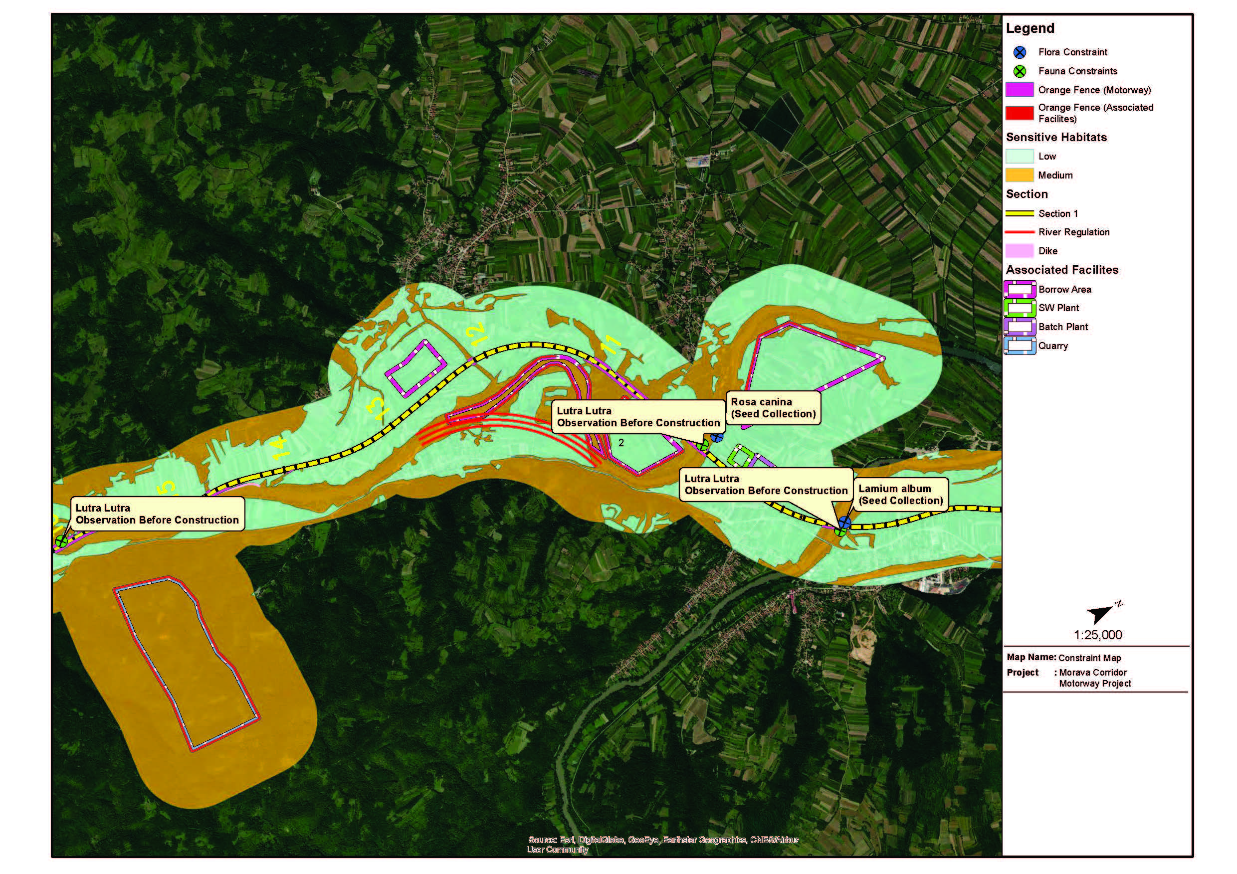 Habitat map of the motorway corridor classifying critical, natural and modified habitat along the route