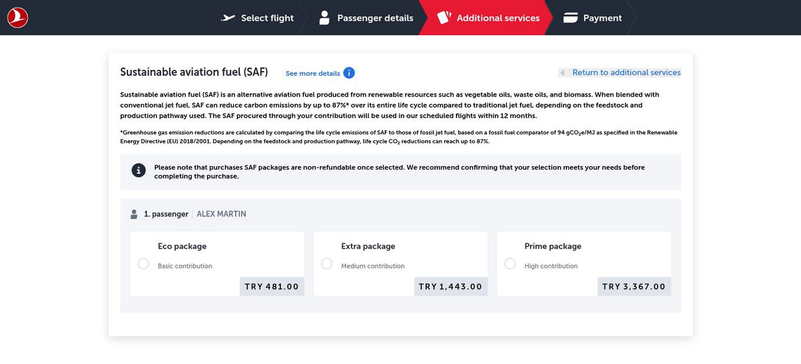 The Additional SAF Option as it appears at the ancillary services stage of the web booking flow