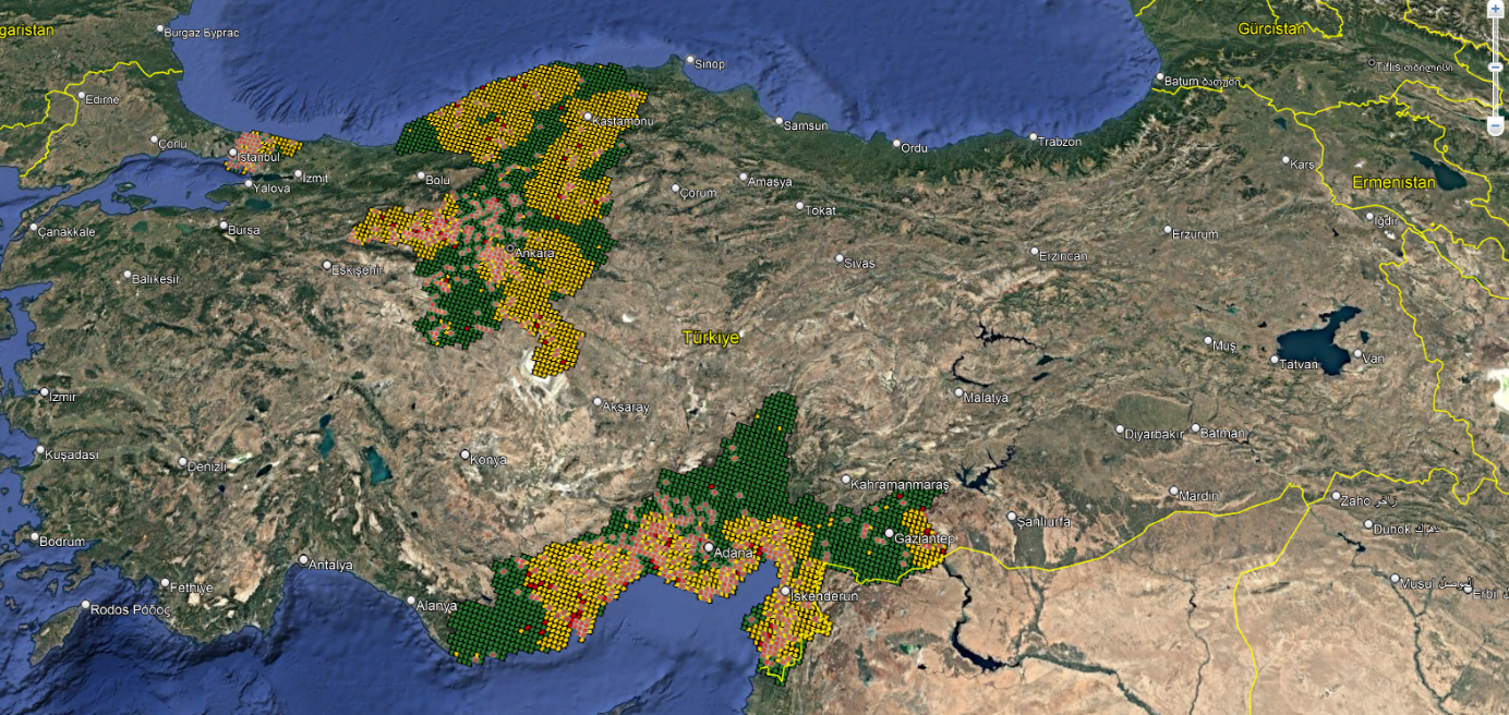 Map showing the intersection of protected areas, bird migration corridors and distribution network assets, with prioritised high-risk line sections highlighted across three electricity distribution regions operated by Enerjisa Enerji.