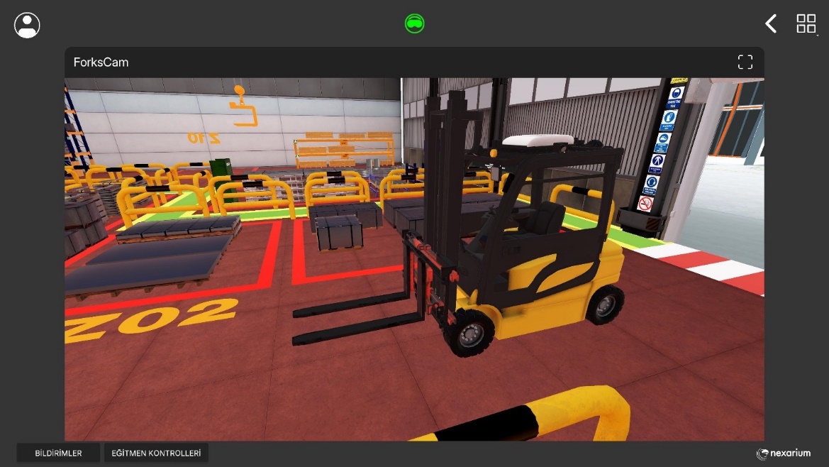 Forklift handling rehearsed in the digital twin of the mill, in the same marked traffic lanes as the real site