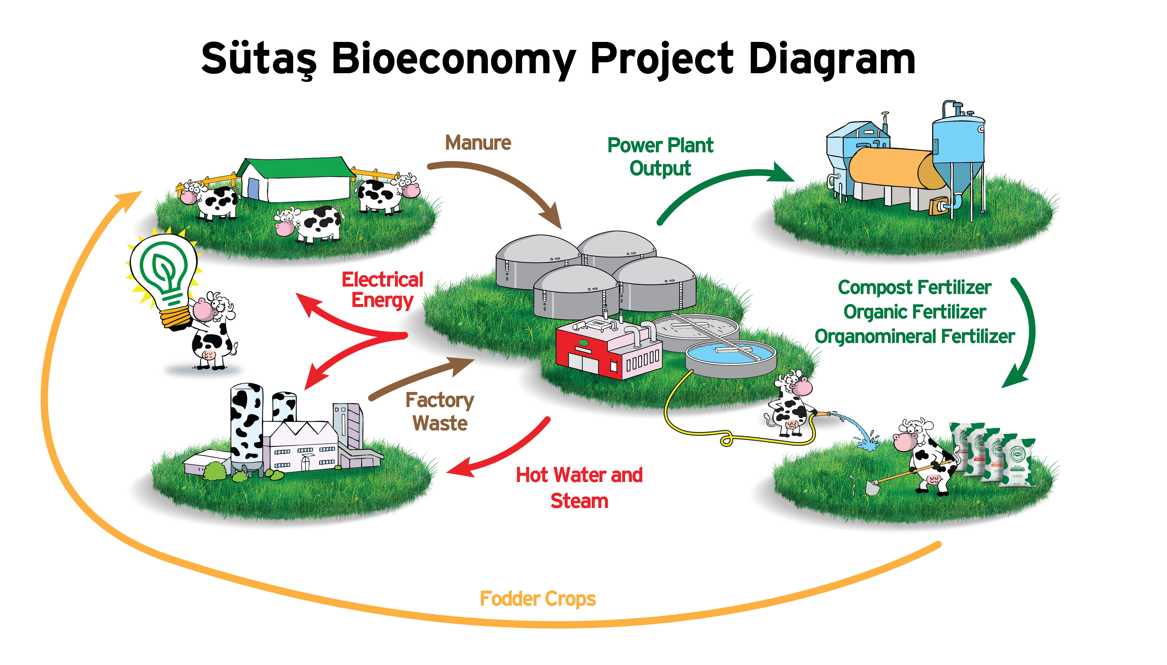 Flow diagram of the circular bioeconomy system: manure and factory waste feed biogas generation, returning electricity, heat and organic fertilisers to the farms and plants