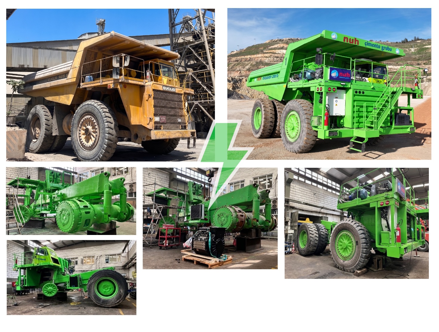 Before and after: a diesel Euclid haul truck and the same machine rebuilt as a battery electric unit