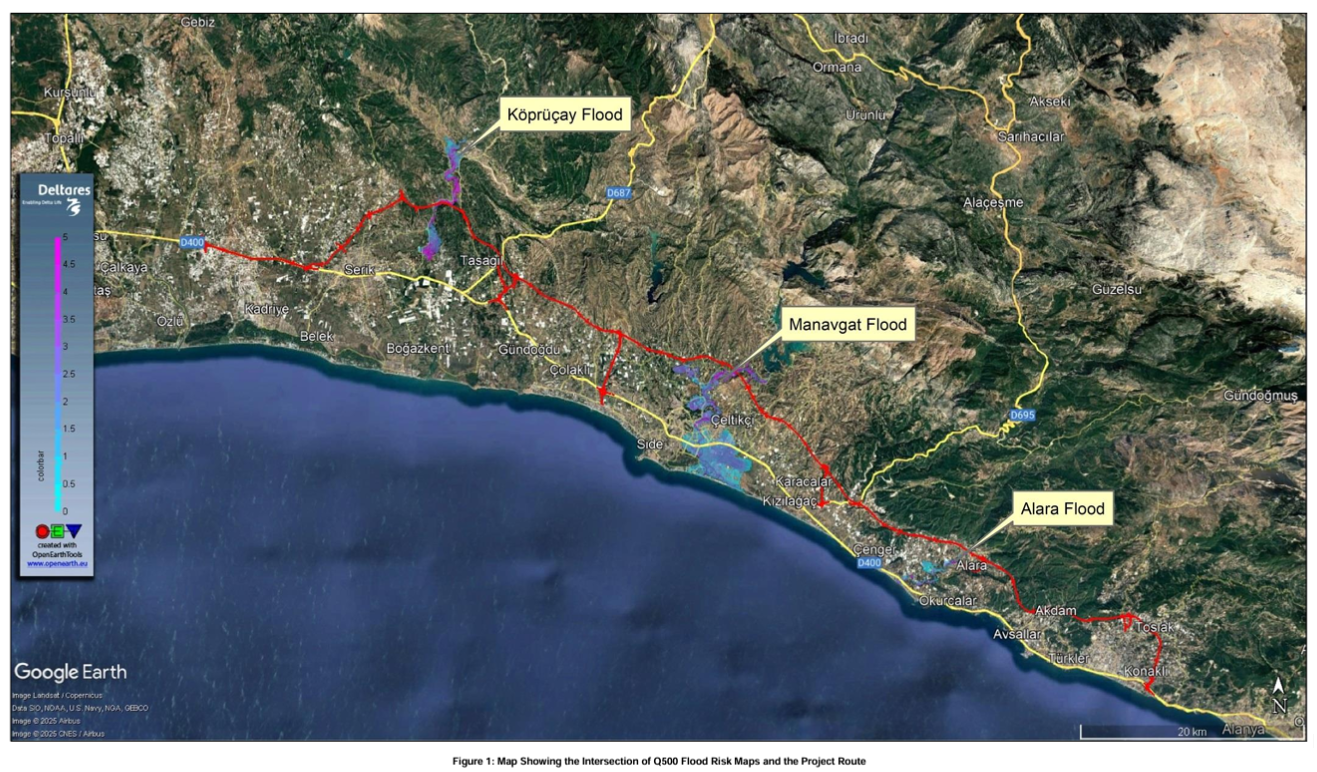 Map showing the intersection of Q500 flood risk maps and the project route.