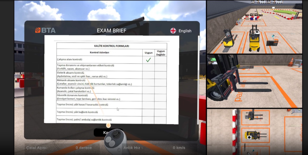 The examination brief and the instructor's multi-camera view of a trainee working through the pre-operation check list