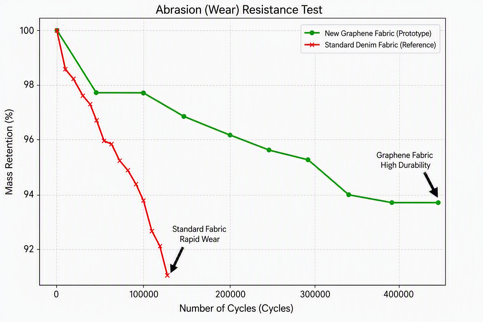 Martindale abrasion test: mass retention of the graphene-modified fabric against the standard reference, from 120,000 to more than 450,000 cycles.