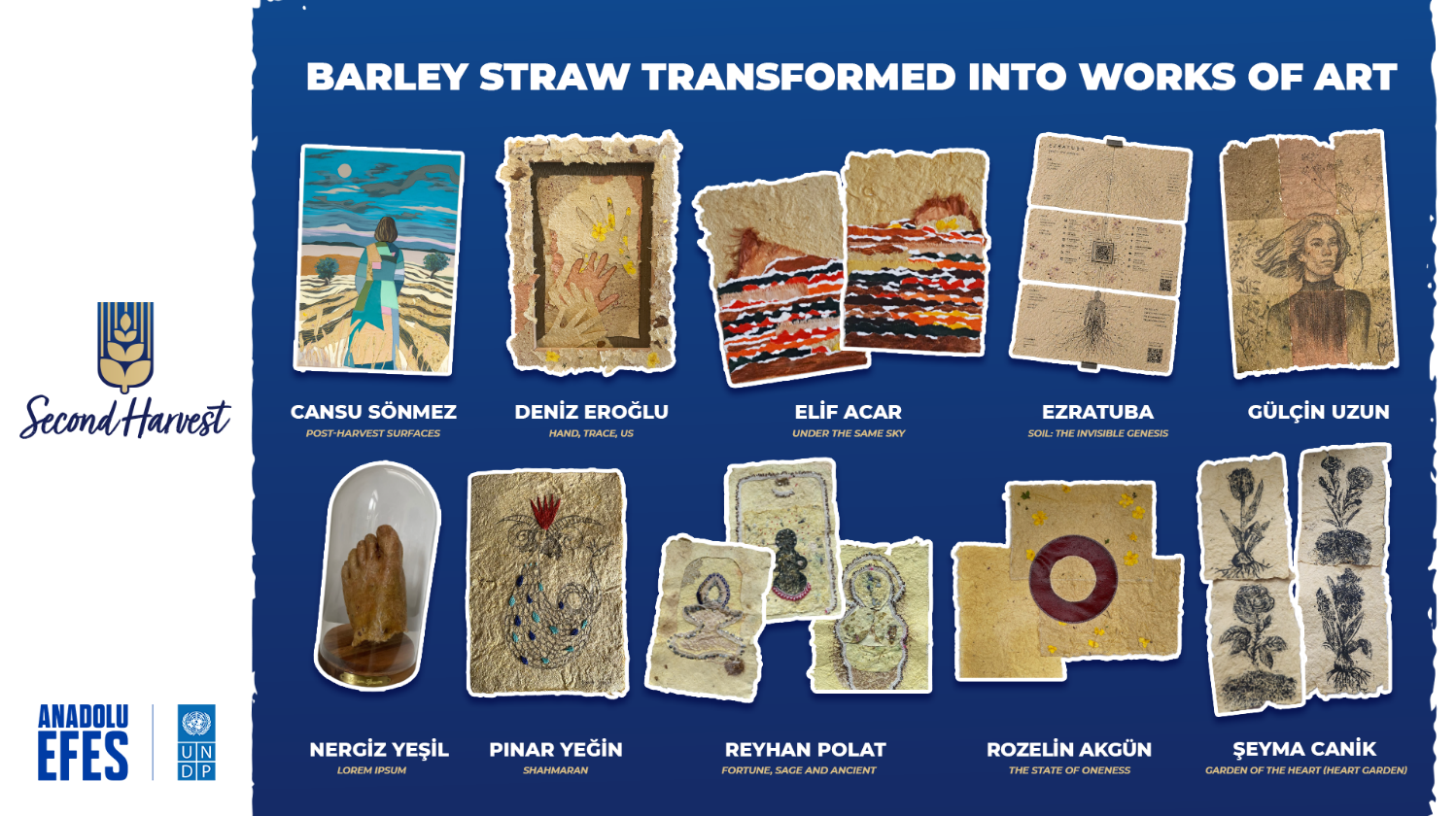 Artworks produced from barley straw paper by women artists for the online auction