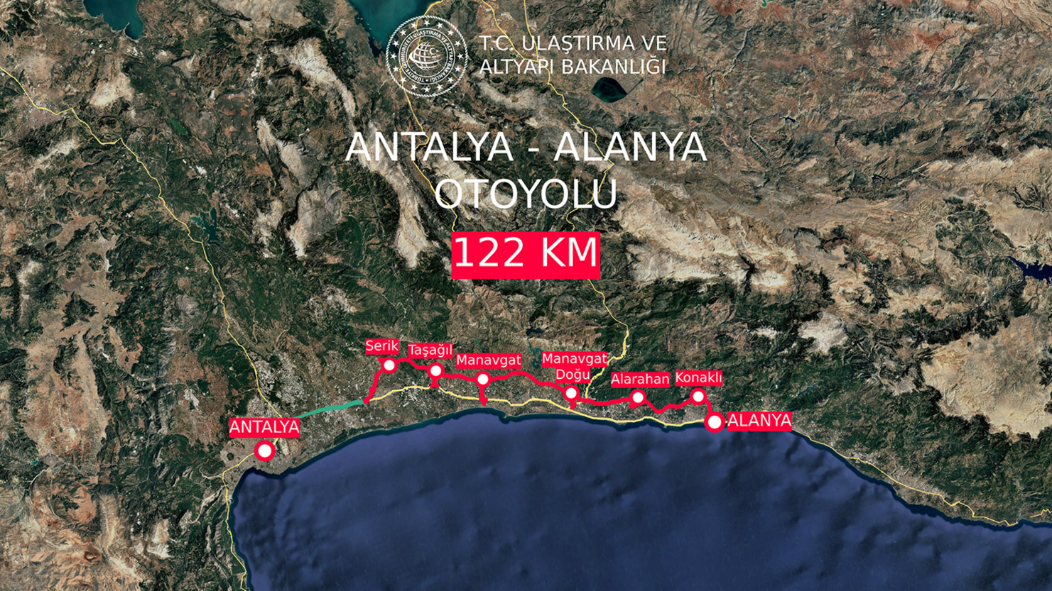 Corridor map of the 122 km Antalya-Alanya motorway alignment along the Mediterranean coast.
