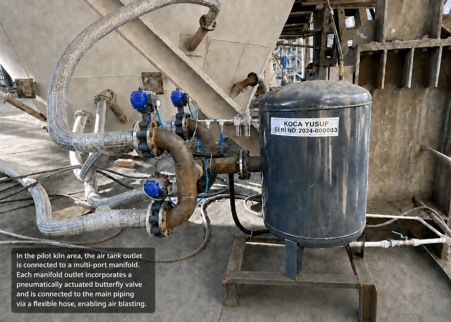 Multiple air-shock unit in the pilot kiln area: the air tank outlet feeds a multi-port manifold, each port fitted with a pneumatically actuated butterfly valve and connected to the main piping by a flexible hose.