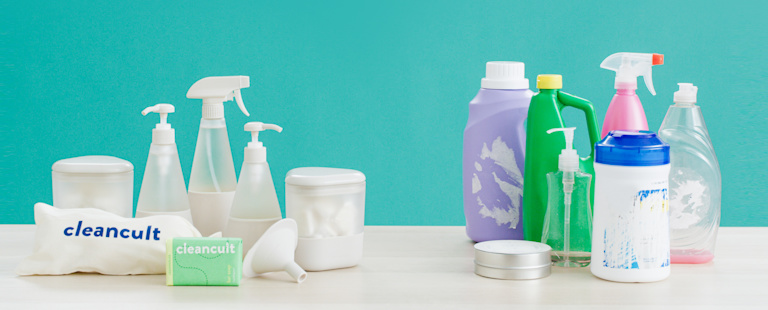 cleancult suite next to a plastic assortment of alternative cleaners