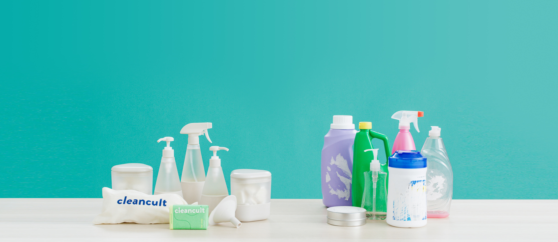 cleancult suite next to a plastic assortment of alternative cleaners