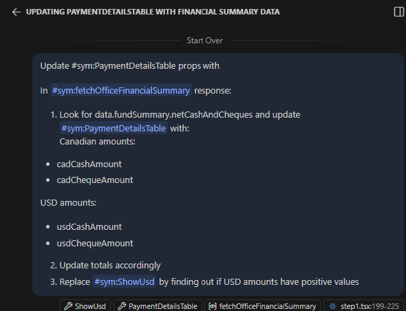 Prompting GitHub Copilot to map specific response properties to the data table and update dependent rendering logic.