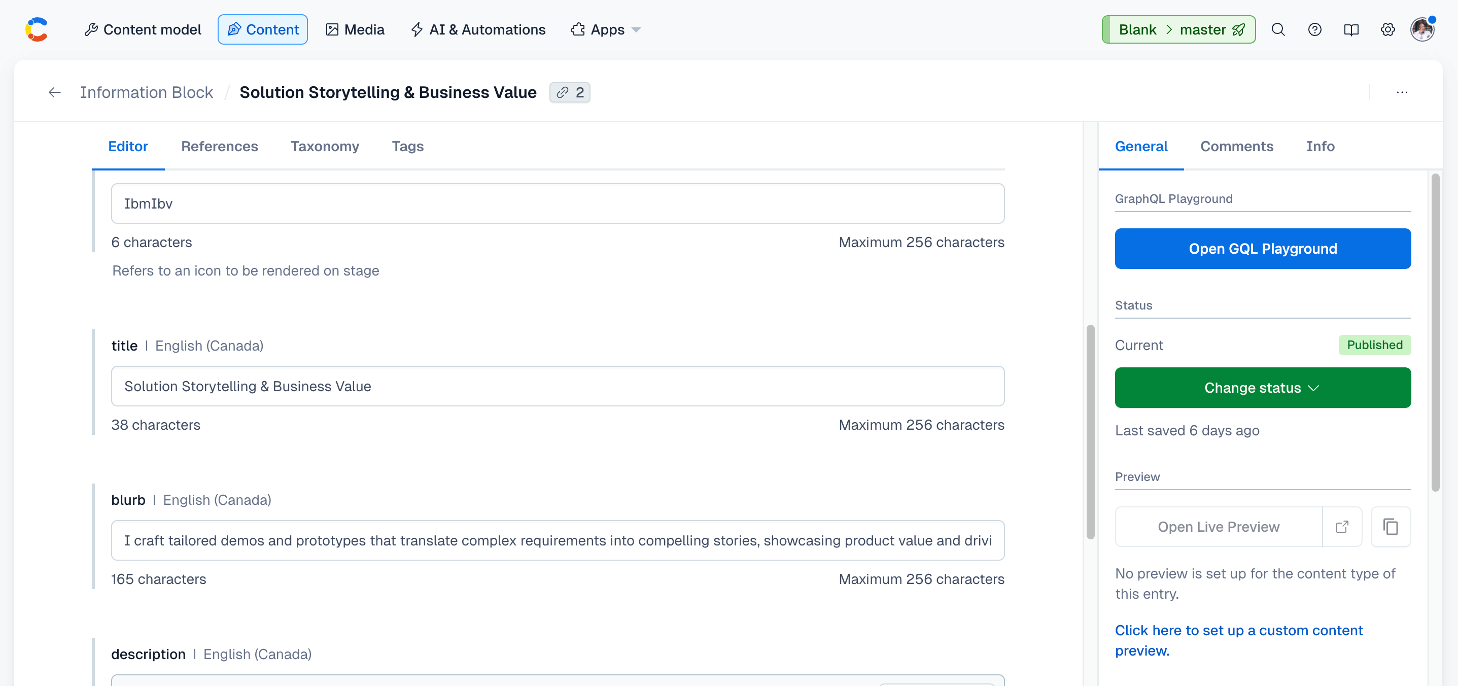 Screenshot of Contentful content model with a βPageβ entry referencing reusable components.