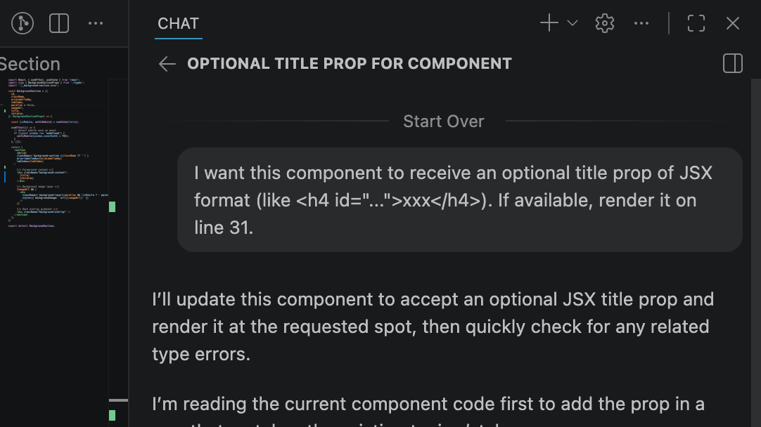 Using GitHub Copilot to extend component APIs and introduce new props aligned with evolving data requirements.