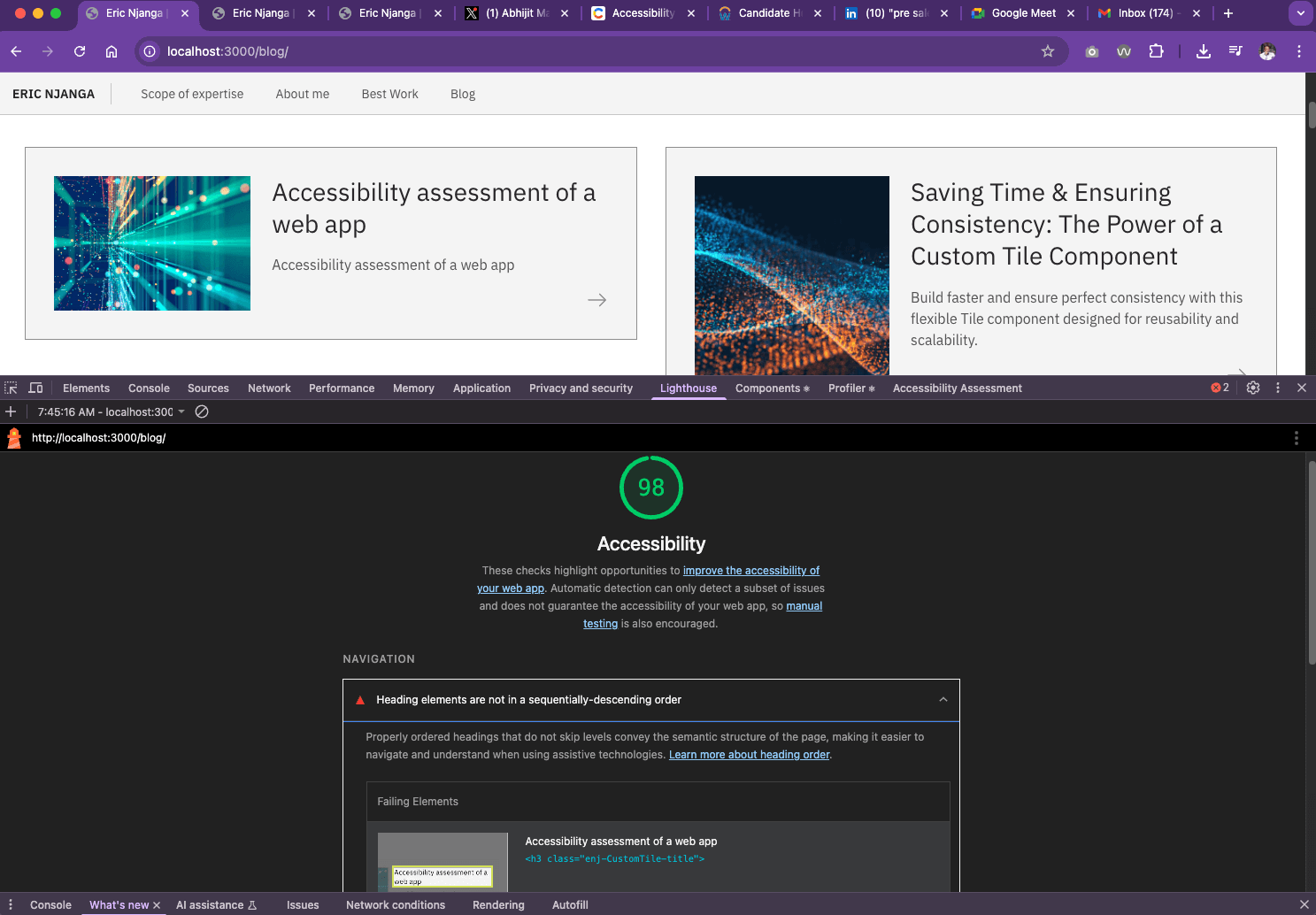 Screenshot of Lighthouse score spotting a "Heading elements are not in a sequentially-descending order" issue on the blog page.