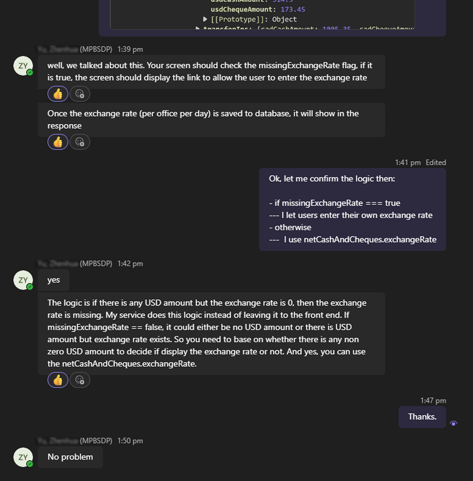 Technical discussion with the back-end developer to identify the response properties required to populate the first step of the bank deposit workflow.