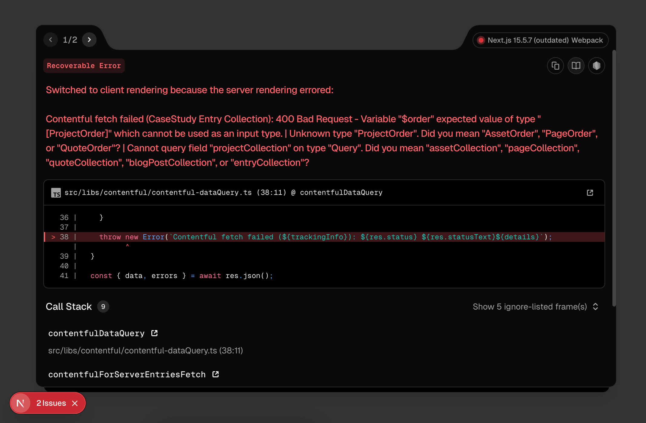 A breaking change caused by early modification of the “Case Study” content model. The resulting schema mismatch invalidated GraphQL queries, leading to a full application failure.