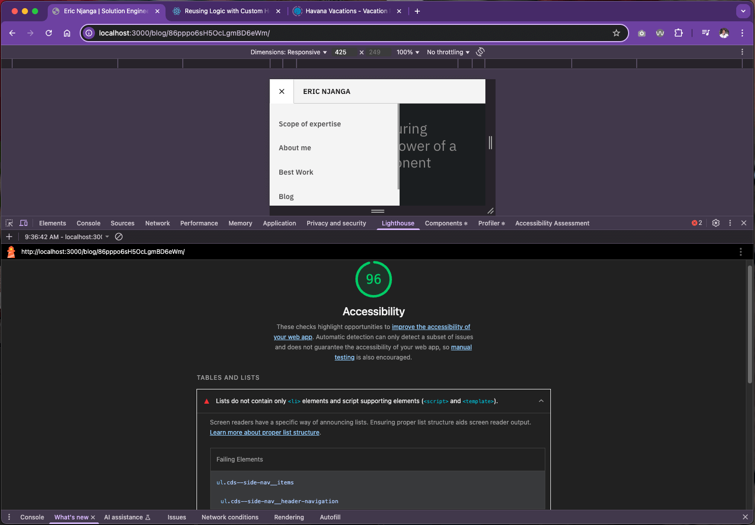 Screenshot of Lighthouse score spotting a "Lists do not contain only <li> elements and script supporting elements (<script> and <template>)" issue on the mobile navigation.