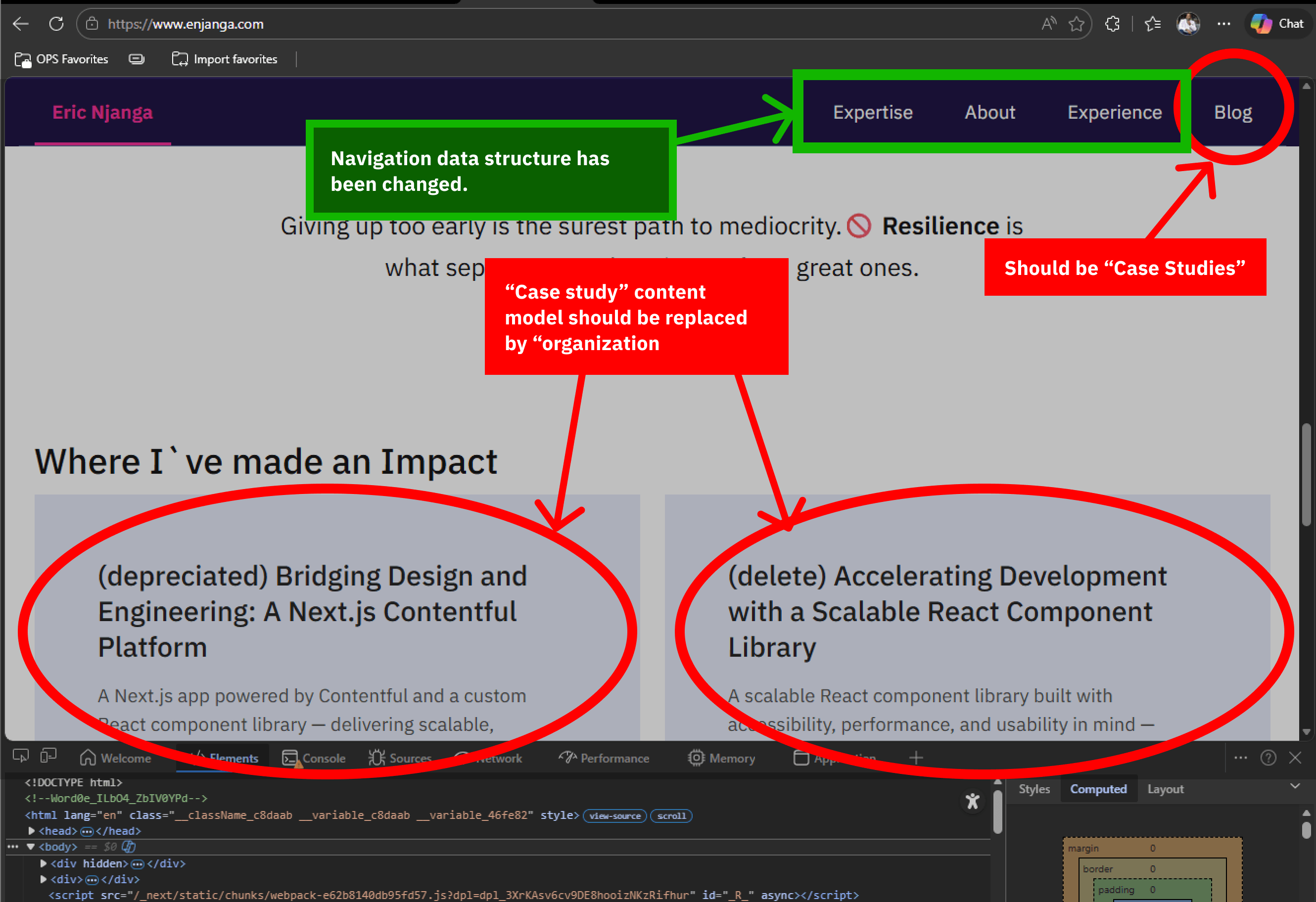 Incremental refactor in progress: navigation labels and content mappings are updated in stages to avoid breaking existing Contentful dependencies. For example, “Blog” cannot yet be renamed to “Case Studies” due to active model bindings, and the homepage still temporarily renders legacy “Case Study” data instead of the new “Organization” model.