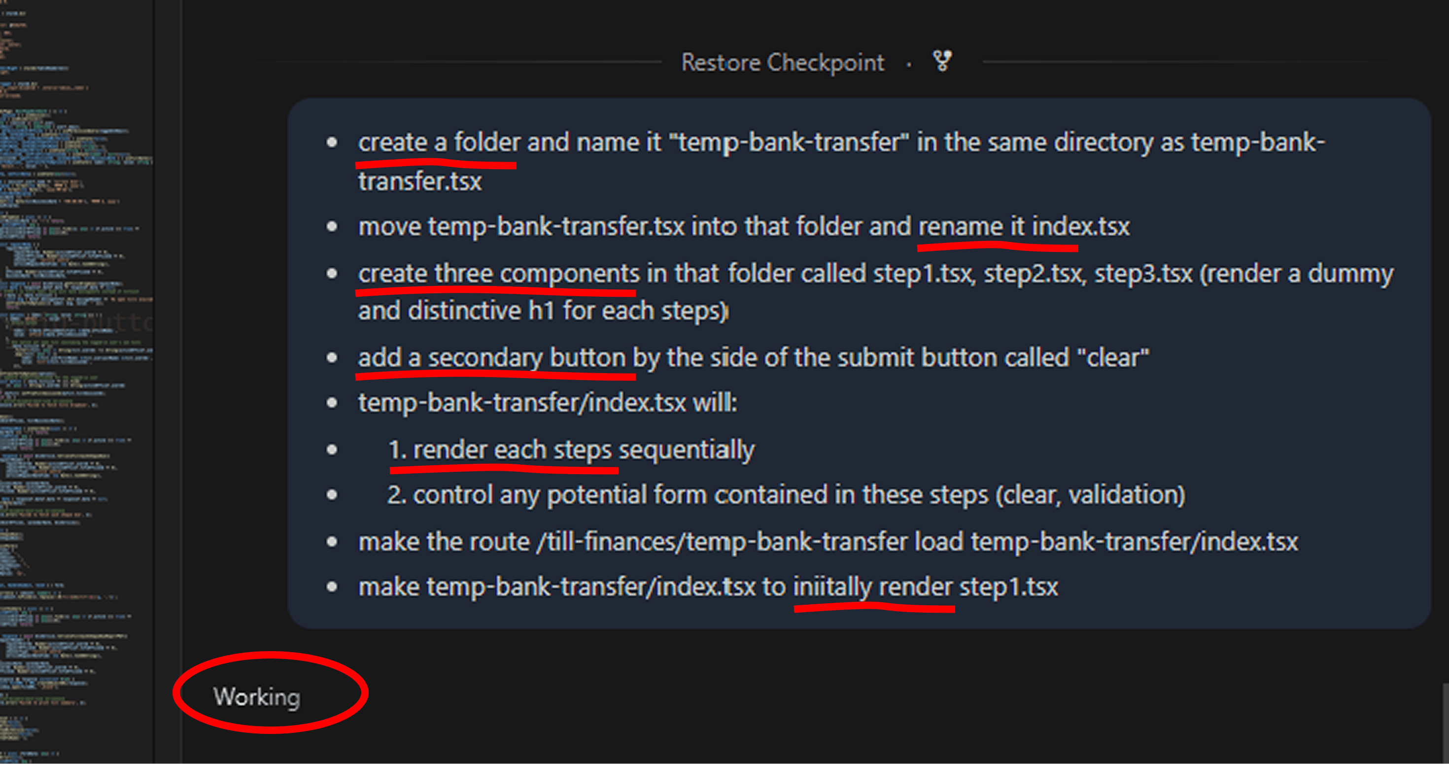 Example prompts used to guide Copilot in generating feature scaffolding, including route creation, component composition, and multi-step flow orchestration.