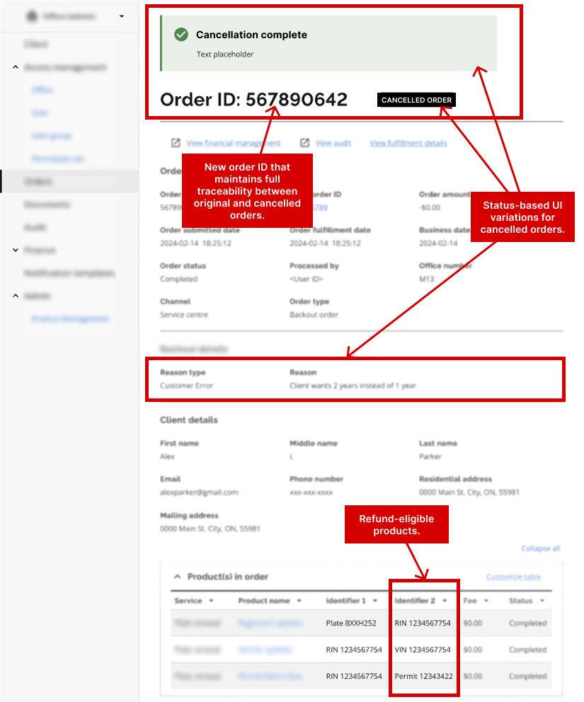 Updated order interface after cancellation submission, including cancellation status indicators, linked cancellation order ID, and refund-related UI updates.