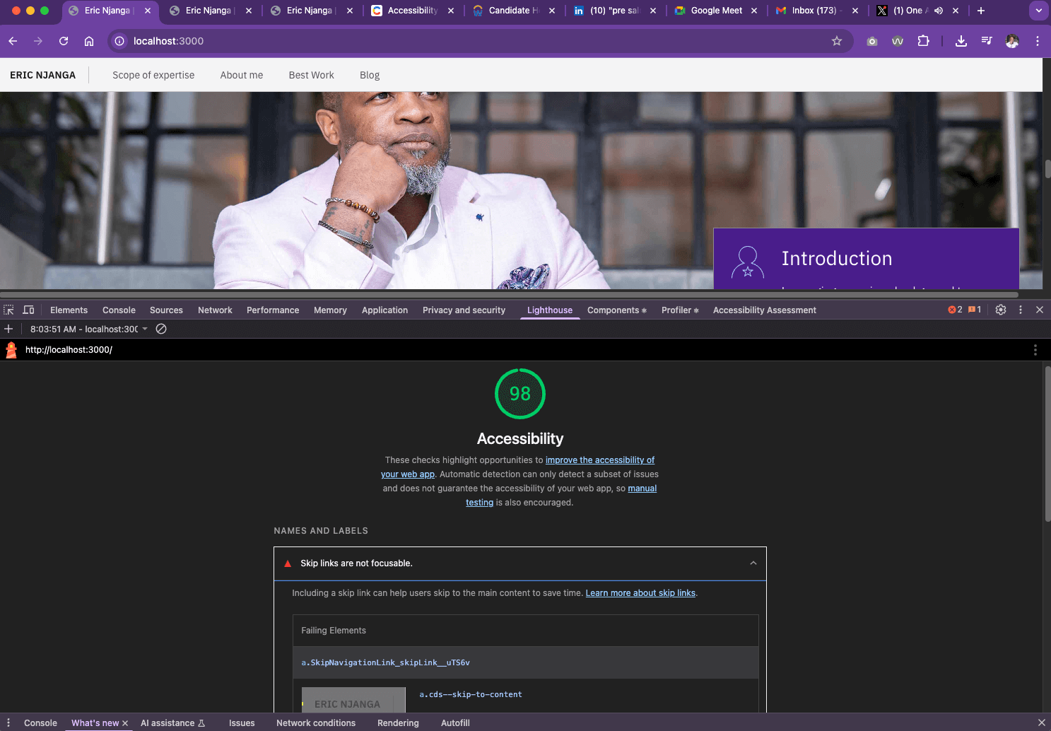 Screenshot of Lighthouse score spotting a "Skip links are not focusable" issue on the home page.