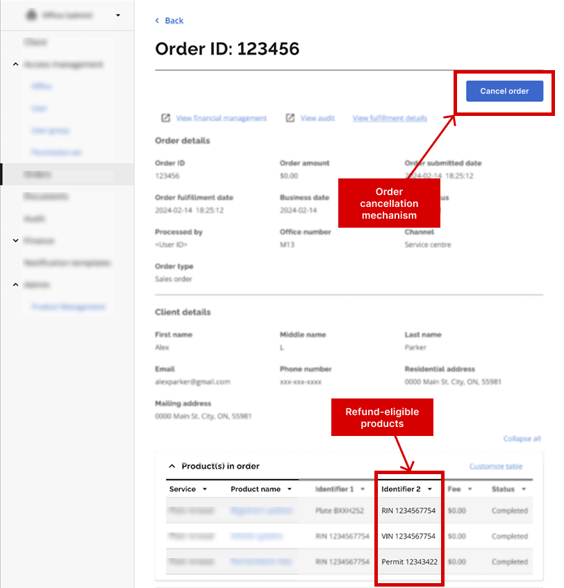 Existing order page enhanced with cancellation-aware UI states, including refund eligibility indicators and contextual cancellation actions.