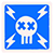 White skull with white lightning bolts on a blue square background.