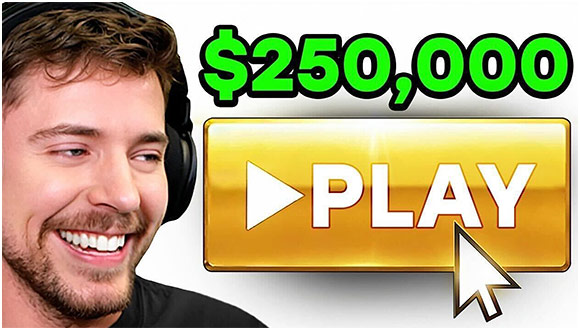 Thumbnail showing creator MrBeast with his face next to an oversized play button and "$250,000" above it.