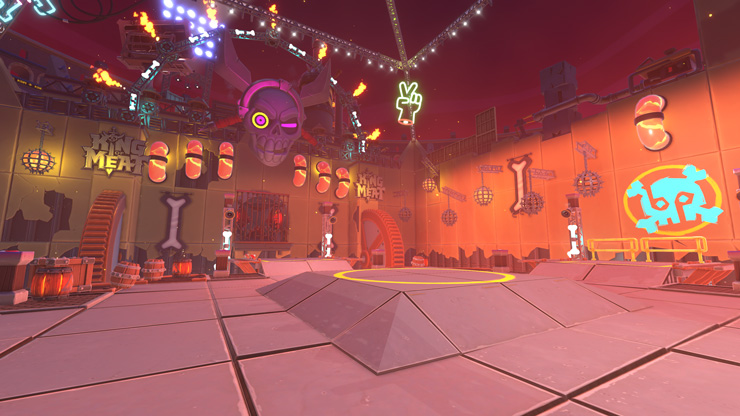 A dungeon with pink-tinted walls, adorned with neon signs and decorations. A large skull with glowing eyes dominates the ceiling.