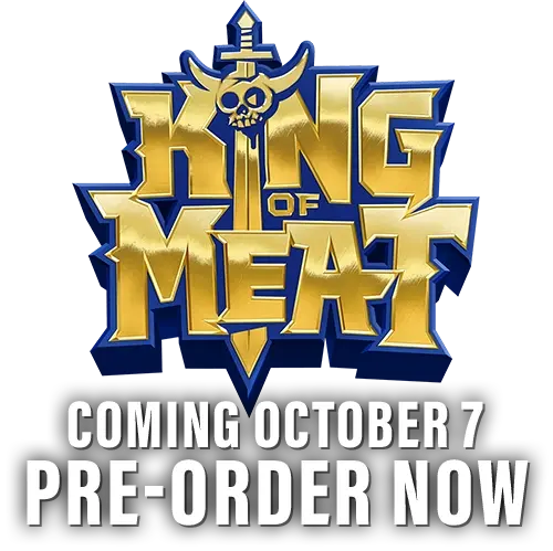 King of Meat logo in metallic gold text. The "i" in "King" is a sword that spears through the "e" in "Meat" below. Text below logo: "Coming 7 October / Pre-Order Now."