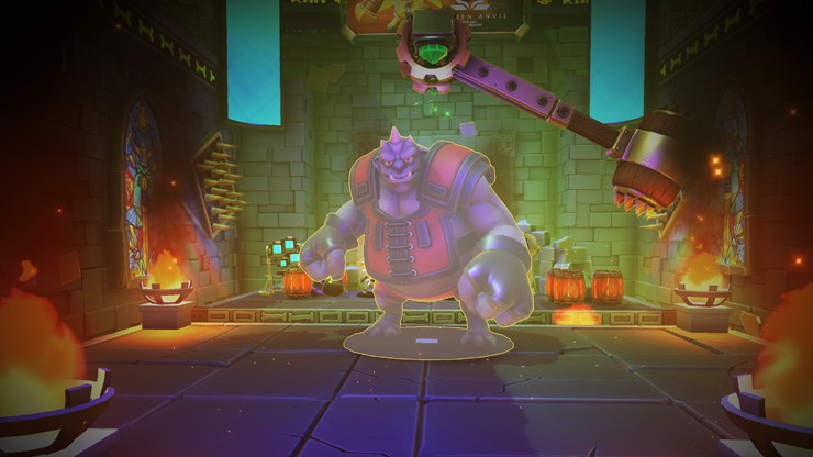 A dungeon with glowing orange fires and huge hammers that swing from the ceiling.  A gigantic troll stands in the center of the room.