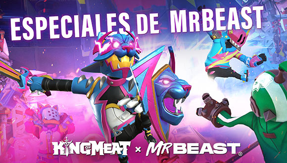 Arte de vídeo especial de MrBeast. Un personaje con un conjunto en neón azul y rosa y un feroz casco de felino salvaje salta hacia el espectador con espada y escudo en la mano.