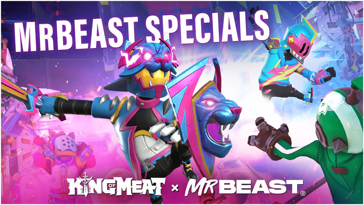 Art for MrBeast specials video. A character in a neon blue and pink outfit with a fierce wildcat helmet leaps toward the viewer with sword and shield in hand.