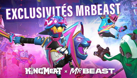 Illustration pour la vidéo spéciale de MrBeast. Un personnage vêtu d'un costume bleu et rose fluo et coiffé d'un casque de chat sauvage bondit vers le spectateur, épée et bouclier en main.