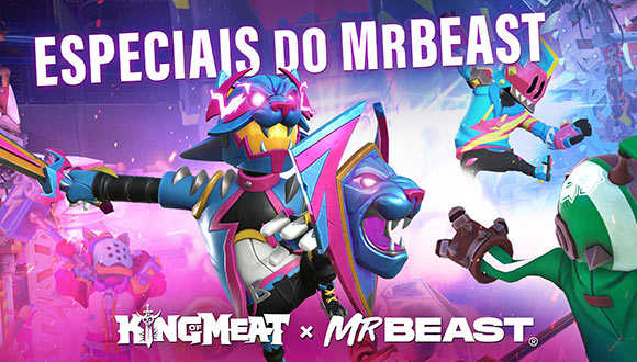 Arte do vídeo Especiais do MrBeast. Um personagem vestindo um Traje neon azul e rosa com um Elmo de felino selvagem feroz salta em direção ao espectador com Espada e Escudo em mãos.