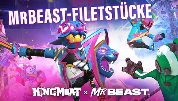 Grafik für das MrBeast-Filetstücke-Video. Ein Charakter in einem neonblauen und pinken Outfit mit einem Wildkatzenhelm springt mit Schwert und Schild in der Hand auf den Betrachter zu.