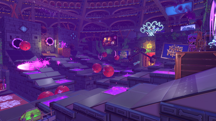A multi-level dungeon bathed in purple and pink neon light. Different platforms hold hazards like pits of sludge and spiked balls.