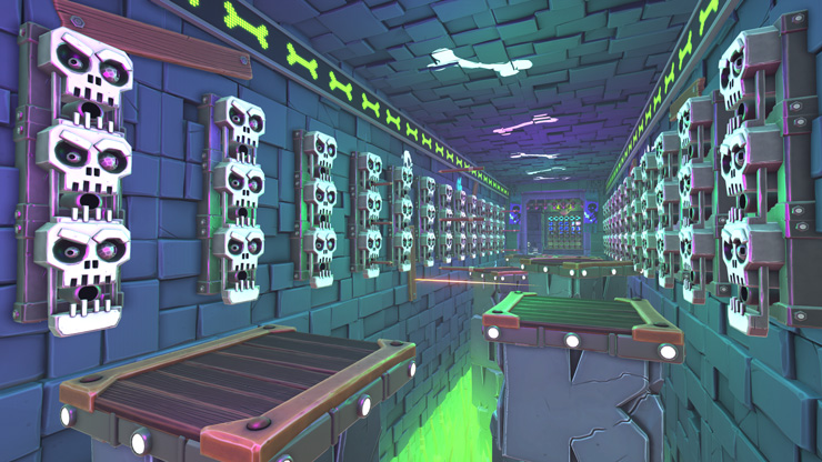 A hallway lined with cartoon skull decorations. Floating platforms stand hiugh above a toxic-looking chasm of neon green miasma.