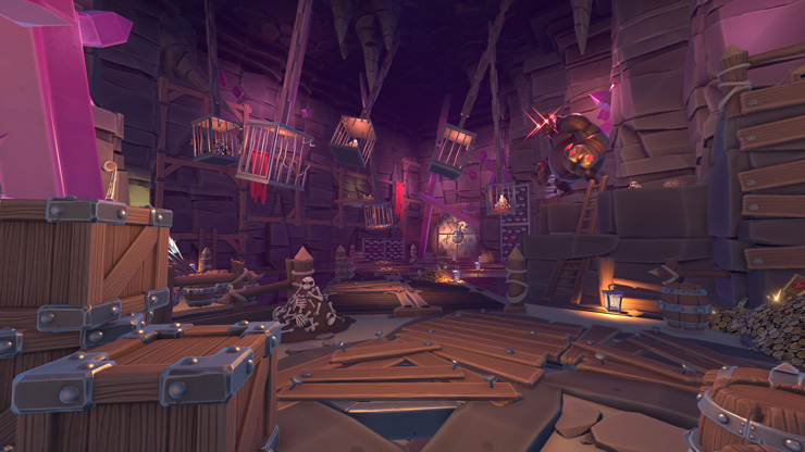 A dungeon chamber with rough-hewn timber platforms, hanging cages, and scattered bones.