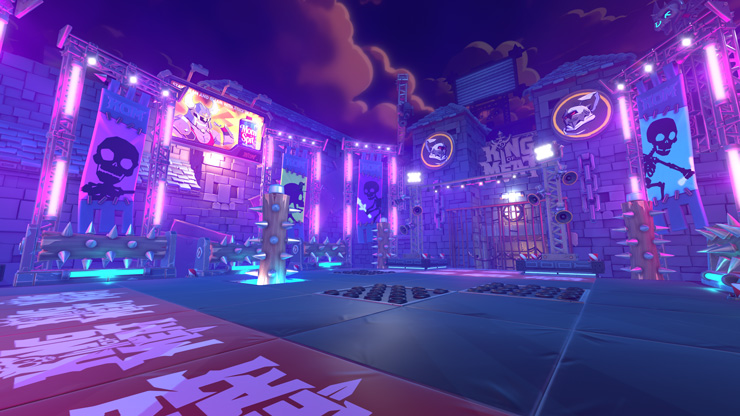 A neon-lit dungeon room with stone walls adorned by skull banners. Glowing pink and blue lights illuminate rows of deadly spikes along platforms.