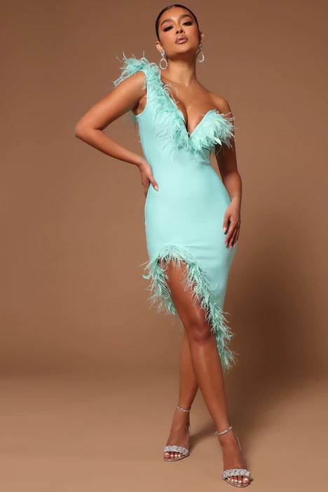 Alana One Shoulder Feather Midi Dress - Aqua