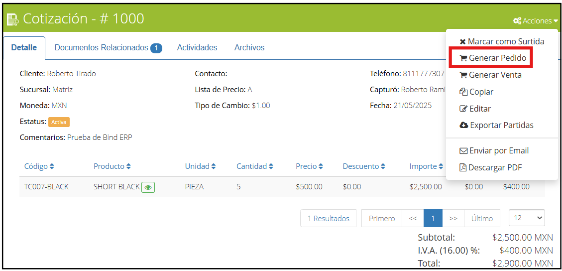 Generate order