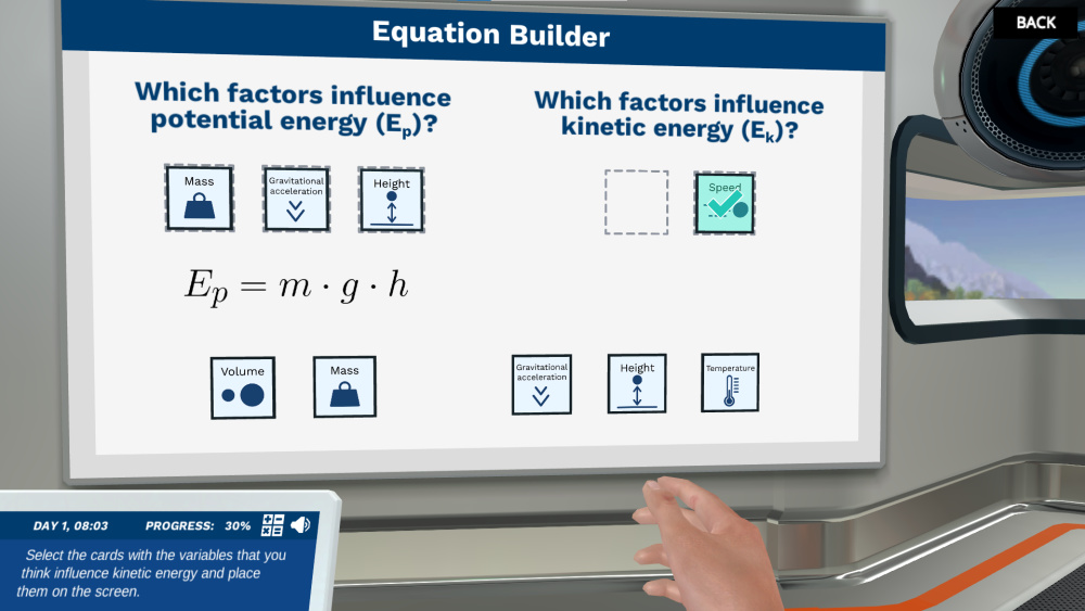 Equation builder inside the roller coaster design lab. In the left half of the screen of the equation builder, the user has already identified the variables that determine gravitational potential energy (mass, gravitational acceleration, and height), and the formula for gravitational potential energy is shown. In the right half of the screen, the user is asked to identify the variables that determine kinetic energy. Positive feedback for one of these variables is shown. At the bottom of the screen, there are cards that represent the many variables the user can choose. 
