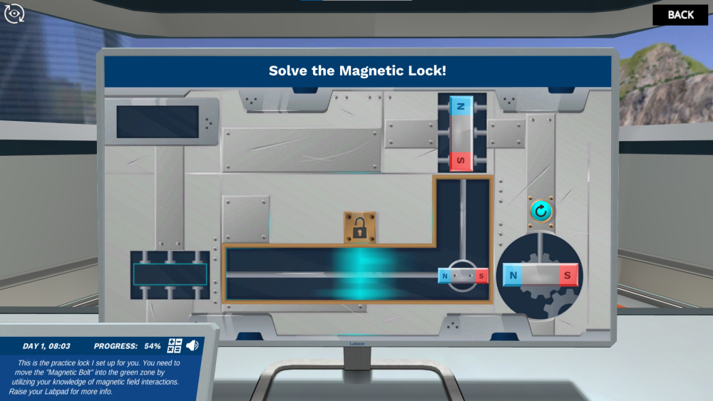 A practice lock puzzle, training for the puzzles that unlock different areas of the magnetism lab. Two interactable bar magnets can be placed on three different slots, one of which allows the user to turn the magnet 180º. The objective of the puzzle is to place the third bar magnet, which can't be directly controlled by the user, in the highlighted target area. 