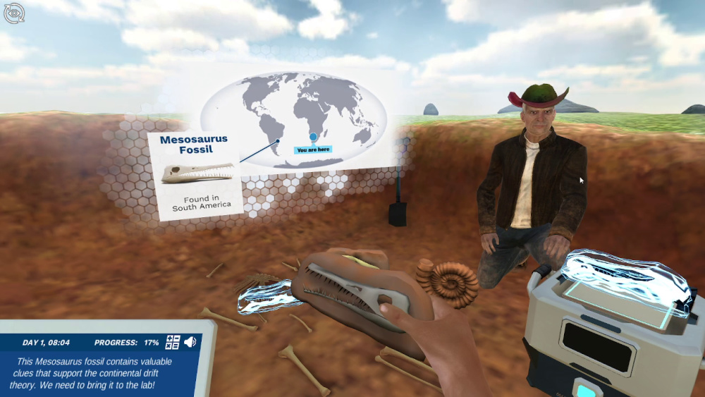 Alfred the archeologist shows the user a mesosaurus fossil in South Africa. The holographic screen shows us that it is very similar to another fossil found in South America. 