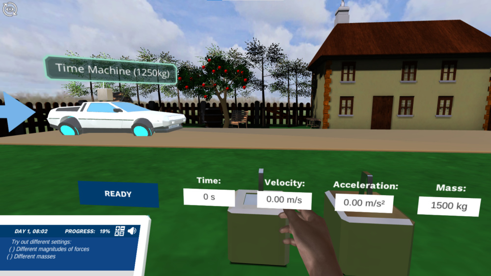 The Labster vehicle is outside of Newton's house. There are weights of different sizes on the ground, and one small weight has been placed by the user on the vehicle. Different magnitudes are shown: Time, velocity, acceleration, and mass. They will reflect the parameters of the motion once the user presses the 'READY' button.  
